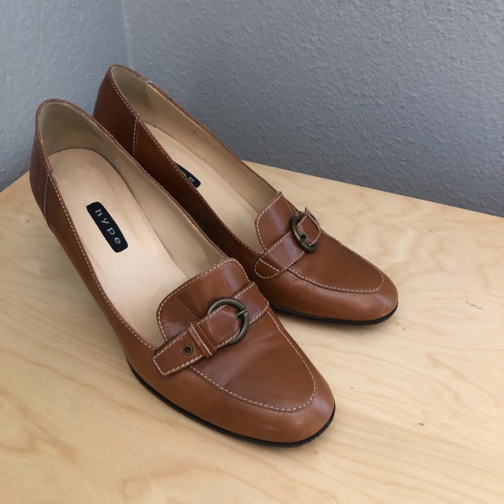 HYPE Leather Heeled Oxfords Women’s size 9 Tan Brown Office Diane Keaton Vibe